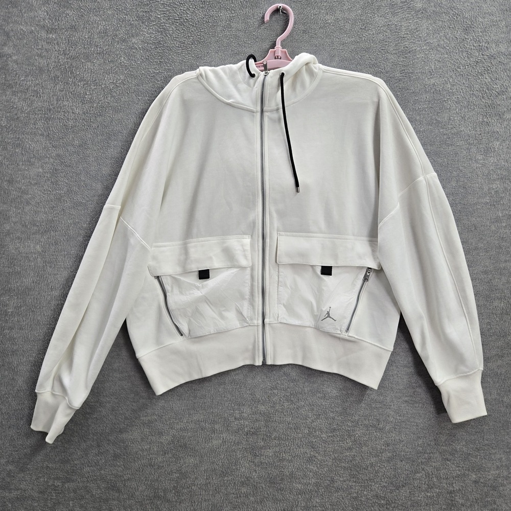 Jordan Women Hoodie M White Cotton Nylon Logo Zipper Long Sleeve READ